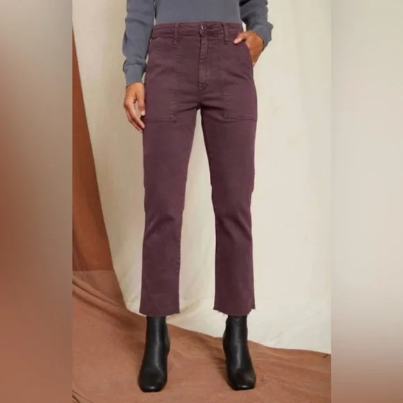 AMO Easy Army Trouser Pants Size 25 Burgundy High Rise Utility Crop Raw Hem - Picture 1 of 10